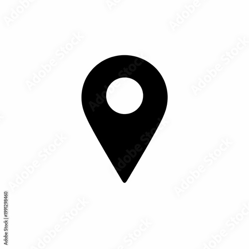 A black map pin icon on a white background silhouette