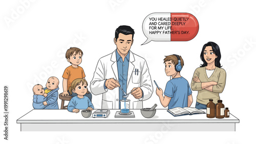 A Father's Day Message of healing: A doctor, surrounded by a loving family, creates a special medicine for Father's Day. The message of love and healing is captured through this warm illustration.