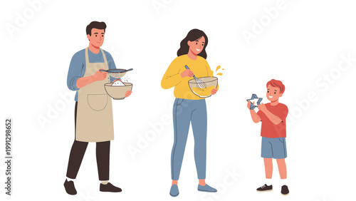 Family Baking Together: Parents and Child Enjoying Home Cooking, Sifting Flour, Mixing Batter, and Using Cookie Cutters