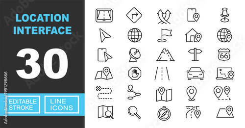 Location interface line icon set. Exclusive Location interface line icon collection. Containing Cursor, Compass, Globe, Flag, Mountain, Pin, Map, Magnifier, Signpost, Road. Editable stroke.