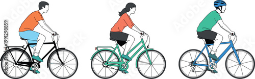 People riding bicycles set with man and woman cycling in different styles urban transport illustration isolated on white background