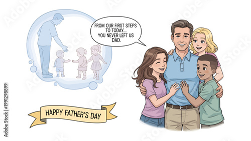 Father's Day Dedication: A tender depiction celebrates fatherhood, with an illustrated family portrait and a heartwarming message that highlights the unending support and love of a dad.