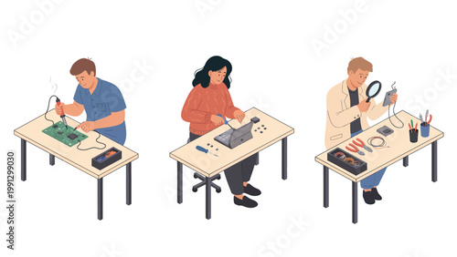 Isometric illustration of engineers and technicians working on electronic devices and circuit boards, soldering and repairing.