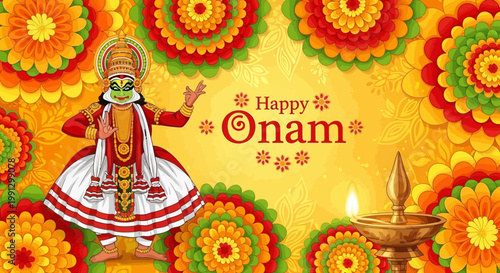 Happy Onam Festival Greeting with Kathakali Dancer and Traditional Lamp