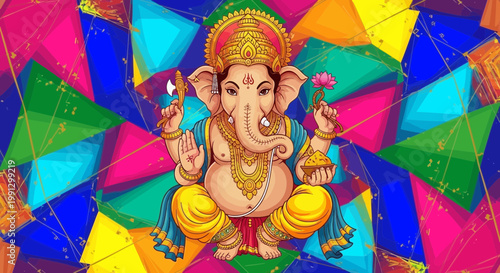 Lord Ganesha, Hindu God of Wisdom and Remover of Obstacles, seated on colorful abstract background