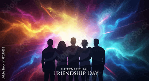 Diverse friends embracing, celebrating unity against vibrant, abstract cosmic background