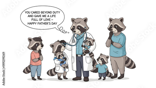 Father's Day Dedication: A heartwarming depiction of raccoon family, celebrating their father with love and gratitude, highlighting the special bond between parent and child on Father's Day.