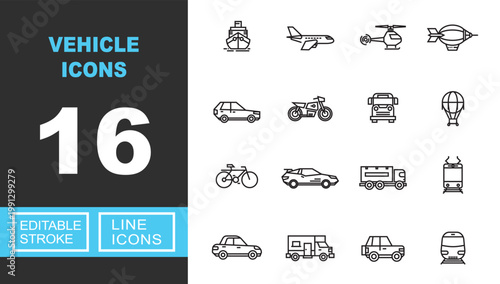 Vehicle line icon set. Exclusive Vehicle line icon collection. Containing Ship, Airplane, Helicopter, Blimp, Car, Motorcycle, Bus, Balloon, Bicycle, Truck. Editable stroke.
