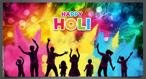 Happy Holi Festival Celebration: Silhouettes of People Dancing in Colorful Powder Explosion