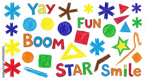 Colorful Hand-Drawn Shapes, Letters, and Words for Kids' Fun and Education