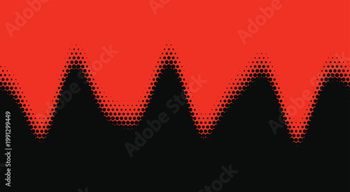 Red and black wavy abstract halftone dot background. Jagged zigzag pixel peaks, dripping gradient pattern, heartbeat soundwave lines. For bold gaming music cover. Vector graphic.