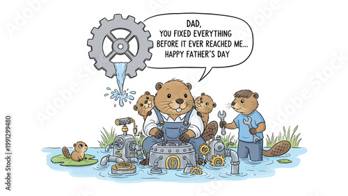 Father's Day Beaver: A heart warming scene showcasing a beaver family celebrating father's day, with the dad beaver being praised by his children for fixing everything.