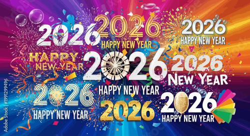 Happy New Year 2026 Celebration with Fireworks and Confetti