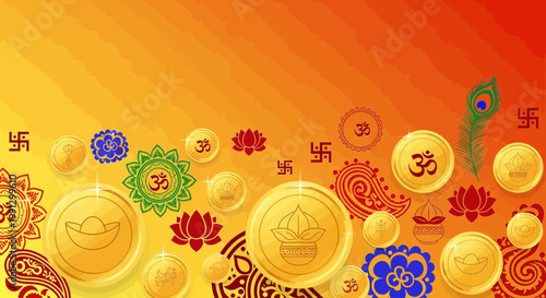 Diwali Festival Gold Coins, Om Symbols, Swastika, Lotus, Peacock Feather, Paisley - Festive Background