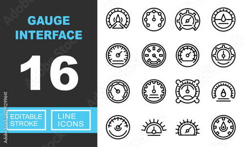 Gauge interface line icon set. Exclusive Gauge interface line icon collection. Containing Speedometer, Tachometer, Odometer, Voltmeter, Altimeter, Barometer, Manometer, Accelerometer. Editable stroke.
