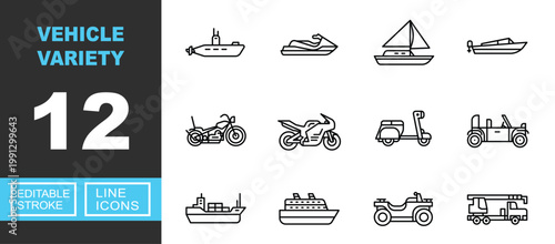 Vehicle Variety line icon set. Exclusive Vehicle Variety line icon collection. Containing submarine, jetski, sailboat, speedboat, chopper, superbike, scooter, buggy, freighter. Editable stroke.