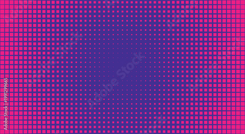 Pink and purple radial square halftone background. Fading pixel matrix grid, vibrant gradient transition, retro dot pattern. For pop art party flyer poster. Vector graphic art.