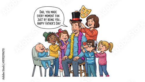 Bild auf Leinwand Father's Day Festivities: A heartwarming scene unfolds as a father is showered with love and playful adornments by his children, celebrating a special occasion with joy and affection