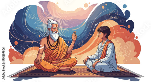 Guru Teaching Student: Ancient Wisdom, Spiritual Enlightenment, Meditation, Yoga, Indian Culture