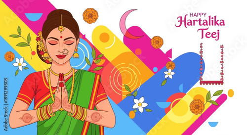 Happy Hartalika Teej Festival: Woman in Traditional Indian Attire Praying, Colorful Background