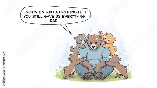 Father's Love: A poignant illustration of a bear father surrounded by his cubs, conveying a powerful message of unconditional love and sacrifice.