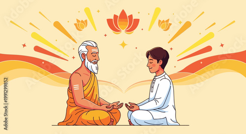 Guru teaching meditation to student, ancient wisdom, spiritual enlightenment, yoga