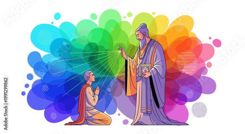 Spiritual Blessing Ritual: Priest Anointing Devotee with Holy Water Amidst Rainbow Aura