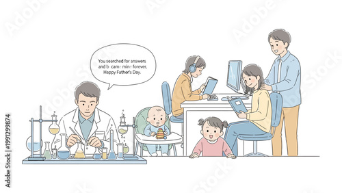 Father's Day Scene in Illustration Style: A father in a lab coat, engrossed in scientific experiments, contemplates the love and appreciation of his family, including a baby, a daughter, and a wife.