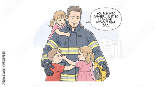 Courageous Protector: A firefighter, a symbol of unwavering bravery and selfless service, embraces his children, a testament to the human spirit's resilience.