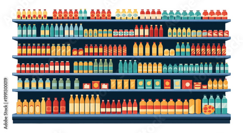 Vector illustration of organized grocery store shelves stocked with rows of colorful products including bottles, cans, jars, and food boxes in flat design style on white.