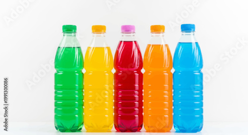 Five Plastic Bottles of Assorted Colorful Sweetened Beverages and Sodas Including Green Yellow Red Orange and Blue Liquid Isolated on a Solid Plain White Background