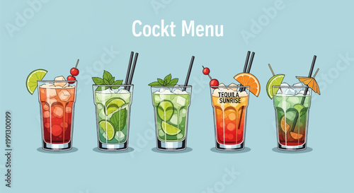Vector illustration of a cocktail menu featuring five different alcoholic drinks in tall glasses including Mojito and Tequila Sunrise with lime, mint, and fruit on a blue background.