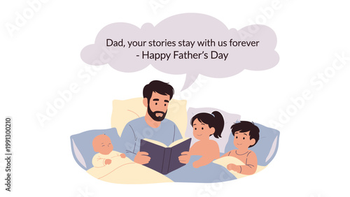 Father's Day Bedtime Story: A tender illustration depicts a father reading a bedtime story to his children. Capturing a moment of familial love and bonding.