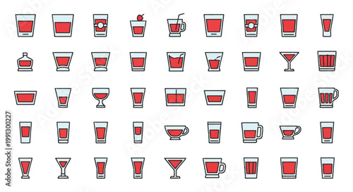 Comprehensive set of 50 minimalist vector icons featuring various shot glasses, shooters, and small glassware filled with red liquid, designed in a clean flat line art style.