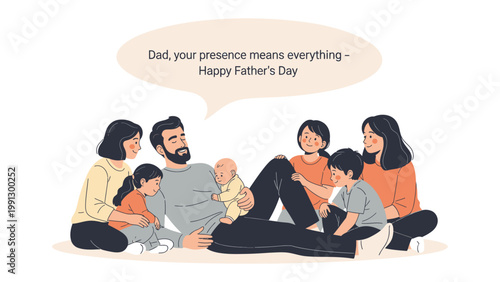 Father's Day Warmth: A heartwarming scene unfolds, showcasing a loving father surrounded by his children. His family shows him love and gratitude.