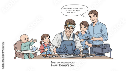 Father's Day Effort: A warm family moment depicts a father, diligently at work, surrounded by his children, embodying dedication and the joys of fatherhood.