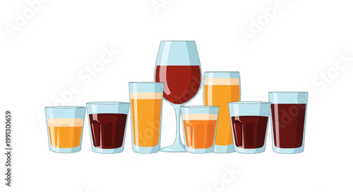 Flat vector illustration featuring a collection of various glasses filled with different beverages including red wine, orange juice, and cola, isolated on a white background.