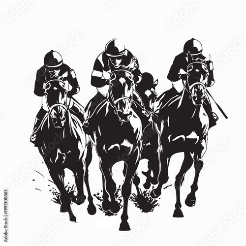 Foto Racing Horses and Jockeys Front View Silhouette Vector Illustration
