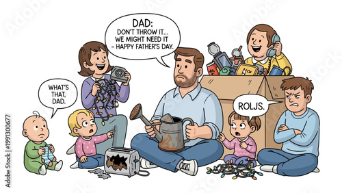 Family Scene: A humorous family scene unfolds as they gather around a pile of old belongings, expressing a range of emotions and engaging in a playful exchange.