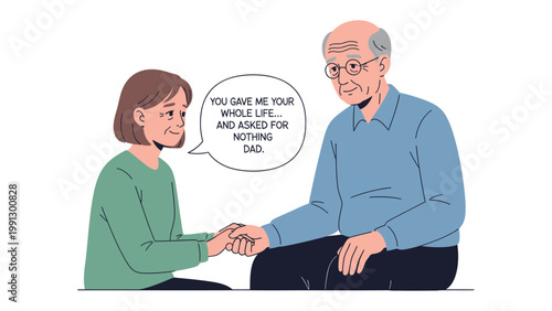Touching Moment: A poignant illustration of a daughter holding her elderly father's hand, a tender exchange of love and appreciation, with the text You gave me your whole life...