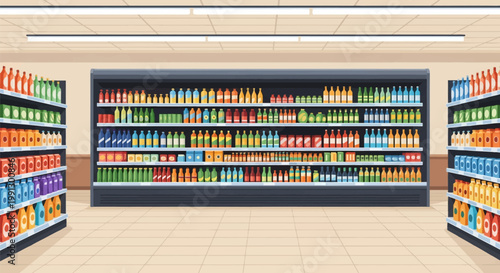Flat vector illustration of a grocery store aisle featuring a large refrigerated display case and side shelves filled with various colorful bottled beverages, juices, and cartons.