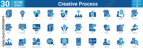 Creative Process editable icon set vector illustration concept for business with icon of Idea, Idea, Idea, Concept, Creativity, Brainstorming, Script, Writing, Copywriter, Copy Writing, Editing.