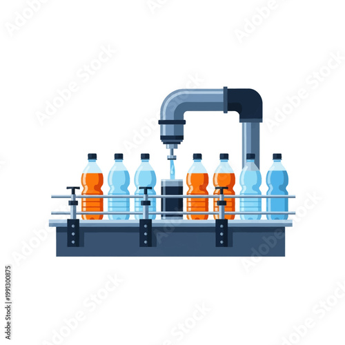 Vector illustration of an automated beverage bottling line with a conveyor belt filling plastic bottles with blue and orange liquids using an industrial nozzle on a white background.