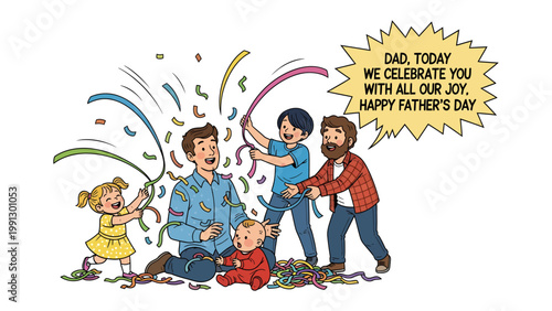 Celebration with Family: A heartwarming illustration of a family joyfully celebrating Father's Day with confetti and a message of love.