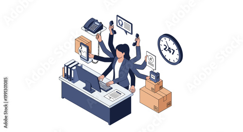 Busy office employee multitasking with multiple arms to handle phone calls, computer work, filing, and shipping tasks at a desk.