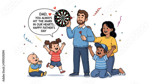 Father's Day Dartboard Celebration: A heartwarming illustration captures a father's day celebration with the family, the family celebrate with heart, darts with target, happy father's day.