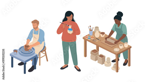 Artisans crafting pottery and ceramics: shaping clay on a wheel, painting finished pieces, and preparing materials in a creative workshop.