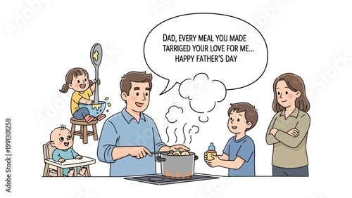 Father's Day Feast of Love: A heartwarming illustration captures a father's tender care as he prepares a meal for his family, filled with affection and the spirit of Father's Day.