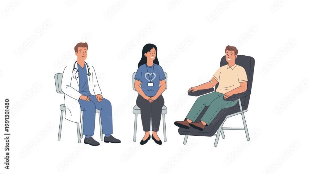 Obraz premium Healthcare professionals and patient. Doctor, nurse, and man in medical chair for consultation or donation. Medical care flat illustration.