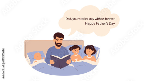 Father's Day Bedtime Stories: A touching illustration portrays a father reading bedtime stories to his children, celebrating the enduring bond of family love and guidance.